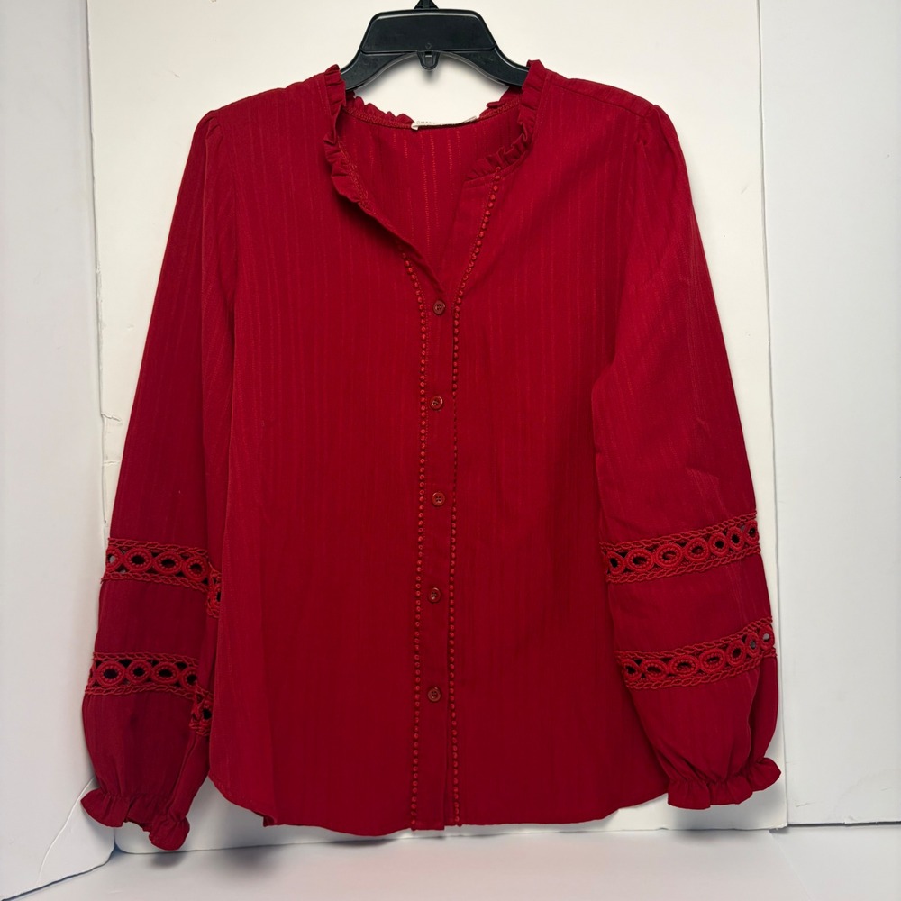 Grace Karin Red Crochet Lace Eyelet Long Sleeve Ruffle Neck Blouse Large
